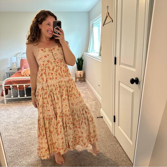 THE GREAT. Cream Red Cotton Floral Lace Tiered Maxi Dress 0 Small - Picture 2 of 12